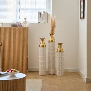 English Elm Floor White Metal Vases Set of 3 — Tall Glazed Cylinder Decor with Hammered Gold Trim, 24/28.7/33.5in W2796P193943