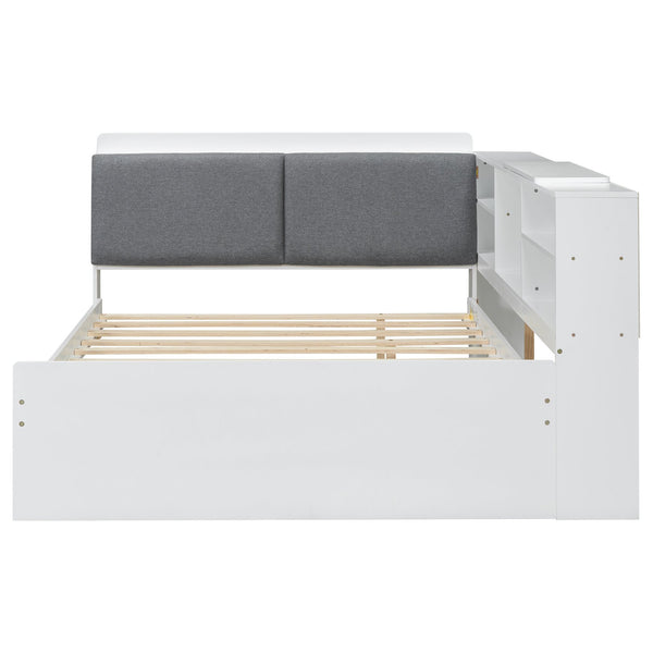 English Elm Wood Full Size platform bed with trundle, built-in storage headboard and shelves, sturdy pine frame White GX002055AAK