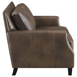 English Elm Gunderson Brown Sugar Top Grain Leather Loveseat with Recessed Track Arms, Brass Nailhead Trim & Espresso Feet B062P357776