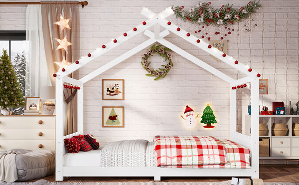 English Elm Twin House Frame Floor Bed Solid Pine Kids Room Montessori Low Profile Play Nook W1580P387839