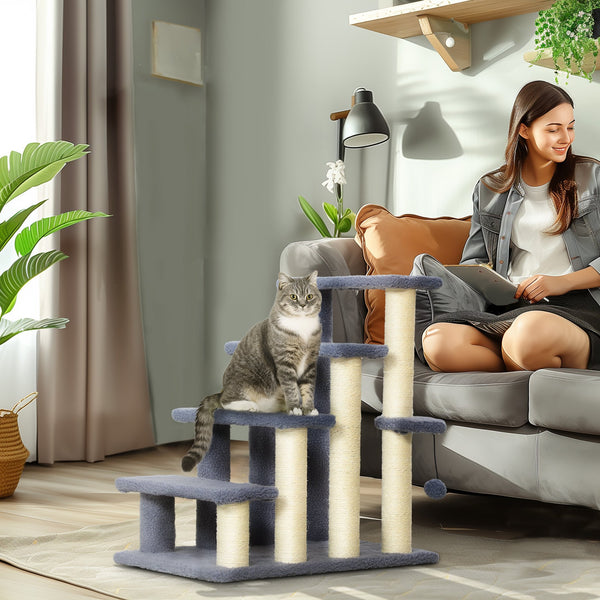 English Elm PawHut 4-Level Cat Steps Carpeted Ladder with Scratching Posts, Hanging Ball & Side Step for Sofa Bed W2225P249719
