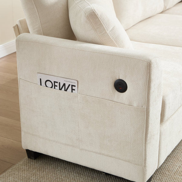 English Elm Modern Chenille L-shaped Sectional with Usb Charging Ottoman Storage Living Room Couch Beige W2120S00016