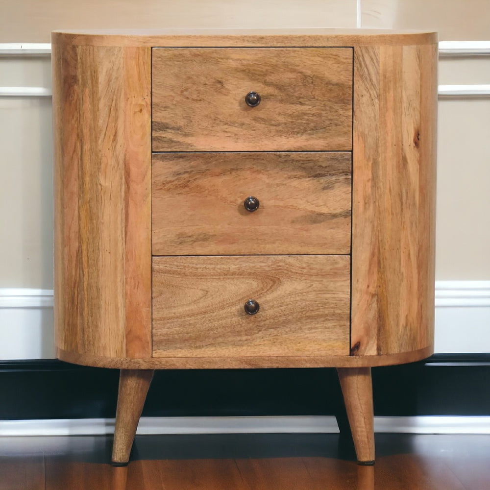 English Elm Solid Solid Wood Mini Oak-ish Cabinet with 3 Drawers, Mango Wood, Nordic Legs, Handcrafted Brown Finish B182P280759
