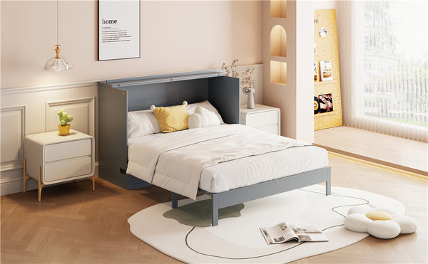 English Elm Full Size Murphy Bed Rattan Cabinet with Storage Drawers and Gold Hardware Gray N708S00009E