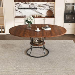 English Elm 43 Inch Expandable Round Dining Table Walnut Veneer Seats Six with Metal Storage Shelf Walnut+Black W2700P411580