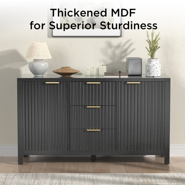 English Elm Sideboard Fluted Credenza with Three Drawers Two Doors Matte Black Modern Storage T3773P417341
