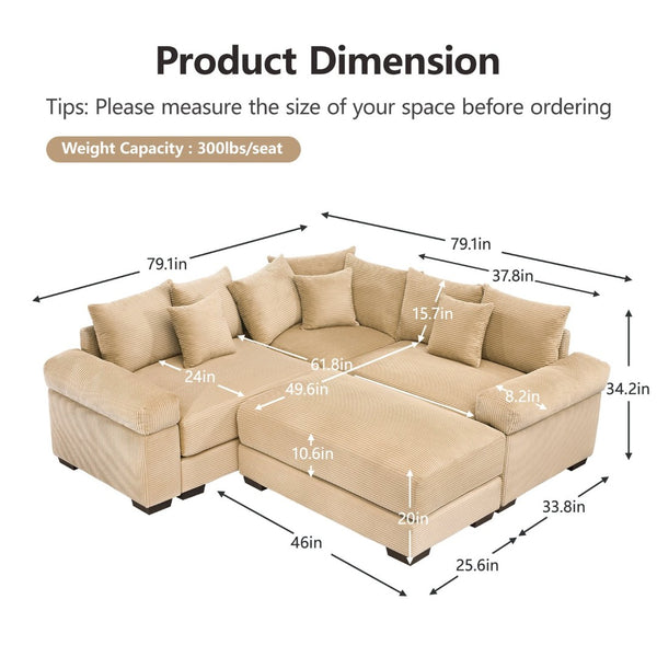 English Elm Oversized Modular Sectional Couch With Deep Seating, 10 Pillows & Ottoman - Cozy Corduroy Design! W714S01313-GIGA