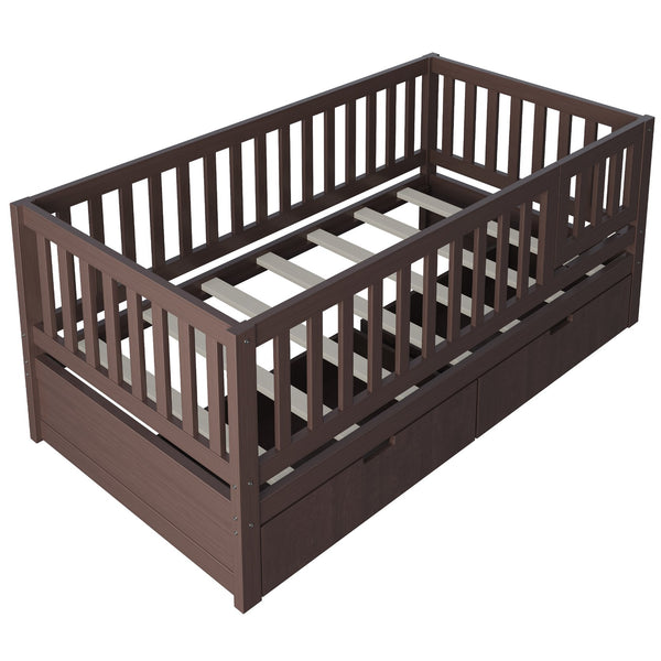 English Elm Convertible Toddler Daybed Solid Pine Kids Bed with Storage Drawers and Removable Rails Espresso N899P429848N