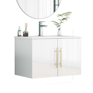 English Elm 30-Inch Sleek White Gloss Wall-Mounted Bathroom Vanity With Gold Handles & Soft-Close Doors, Easy Install W3151S00052