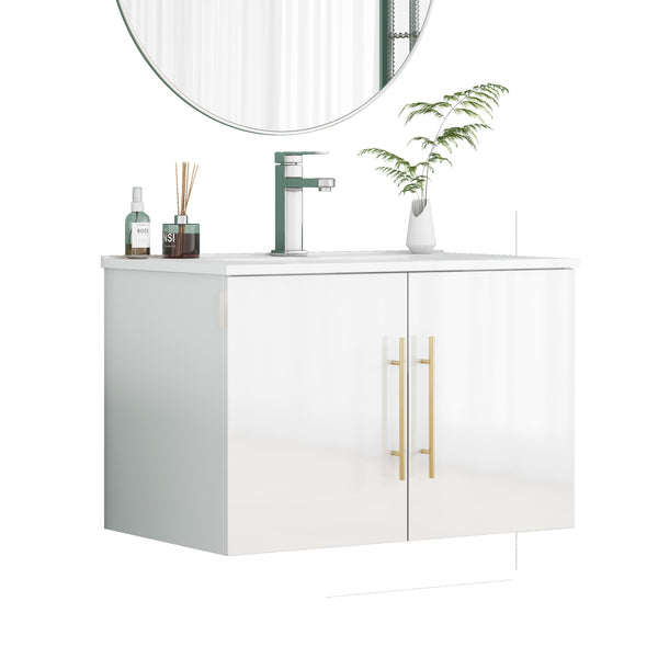 English Elm 30-Inch Sleek White Gloss Wall-Mounted Bathroom Vanity With Gold Handles & Soft-Close Doors, Easy Install W3151S00052