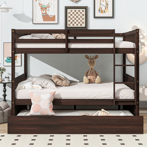 English Elm Full Over Full Bunk Bed With Twin Trundle, Ladder & Guardrails – Stylish Espresso Design & Versatile! W504S00227