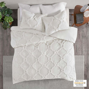 Madison Park Pacey Shabby Chic 3 Piece Tufted Cotton Chenille Geometric Duvet Cover Set MP12-5992 Off-White