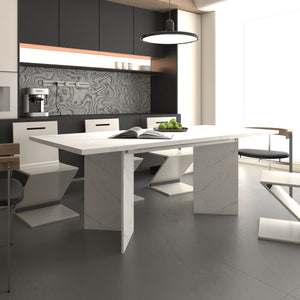 English Elm Extendable Faux Marble Dining Table with V-Legs — Sleek Expandable Conference & Kitchen Centerpiece for 6–10 White W1347S00015