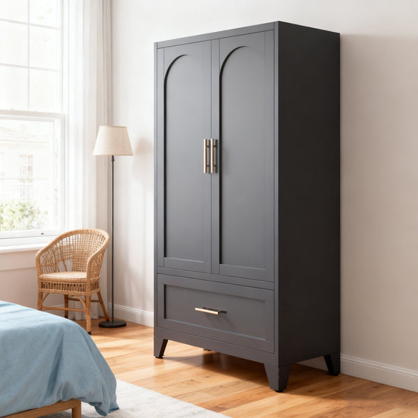 English Elm 60" Powder-coated Steel Wardrobe with Hanging Rod Drawer and Shelf for Slim Spaces W3387P396209