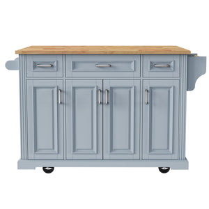English Elm K&k Farmhouse Rolling Kitchen Island Rubberwood Drop Leaf 3 Drawers 4 Cabinet Doors Grey+Blue N707S195395G