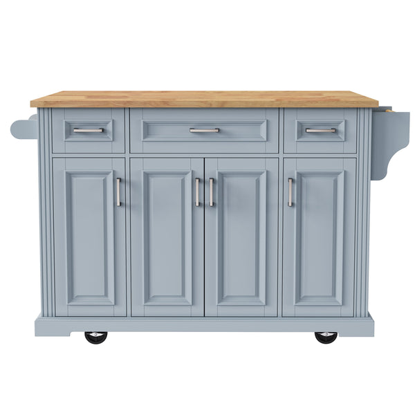 English Elm K&k Farmhouse Rolling Kitchen Island Rubberwood Drop Leaf 3 Drawers 4 Cabinet Doors Grey+Blue N707S195395G