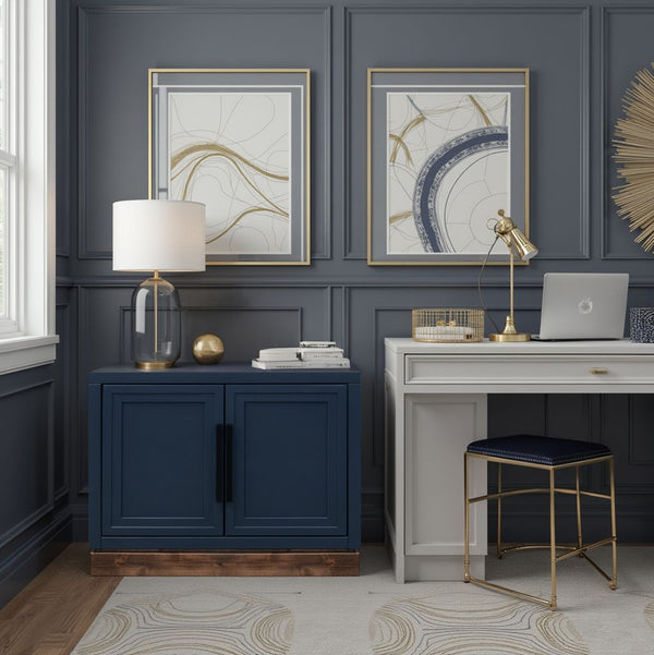 English Elm Nora Modular Two-Door Base Cabinet with Cable Management, Two-Tone Poplar & Alder Finish, Ready to Use Blue B108P345191