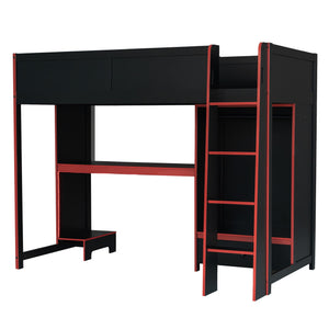 English Elm Wood Twin Gaming Loft Bed with Desk, Wardrobe, LED Lighting & Drawer — Space-Saving Black Red Accent, 400lb Capacity N7090004010B