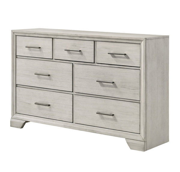 English Elm 1pc Five-Drawer Chest in White Mist Finish with Metal Knobs & Handles, Spacious Bedroom Storage Solution Antique White 62.5 L x 20.5 W x 41 H B011P228954