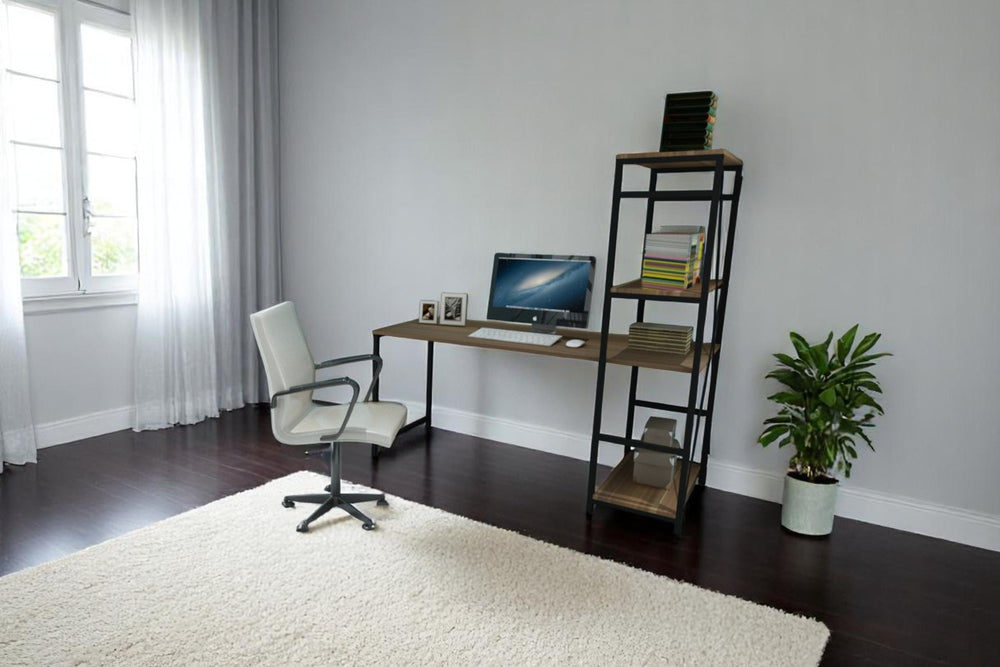 English Elm Furnish Modern Black Metal Frame Writing Desk With Oak Top & 2 Shelves For Home Office & Gaming B02964522
