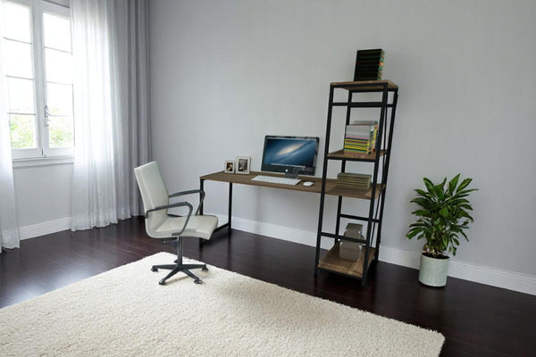 English Elm Furnish Modern Black Metal Frame Writing Desk With Oak Top & 2 Shelves For Home Office & Gaming B02964522