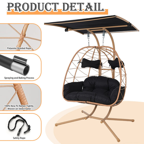 English Elm 2-person Pe Rattan Hanging Egg Chair with Canopy Steel Stand Outdoor Patio Swing T5880P502247
