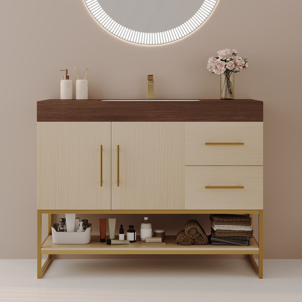 English Elm 36" Freestanding Bathroom Vanity Sintered Stone Top Brushed Gold Legs Wood Cabinet W3136S00056