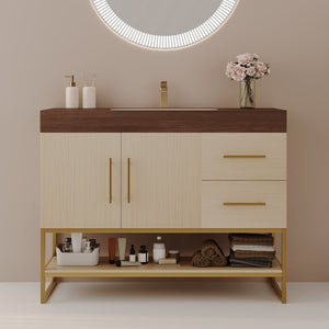 English Elm 36" Freestanding Bathroom Vanity Sintered Stone Top Brushed Gold Legs Wood Cabinet W3136S00056
