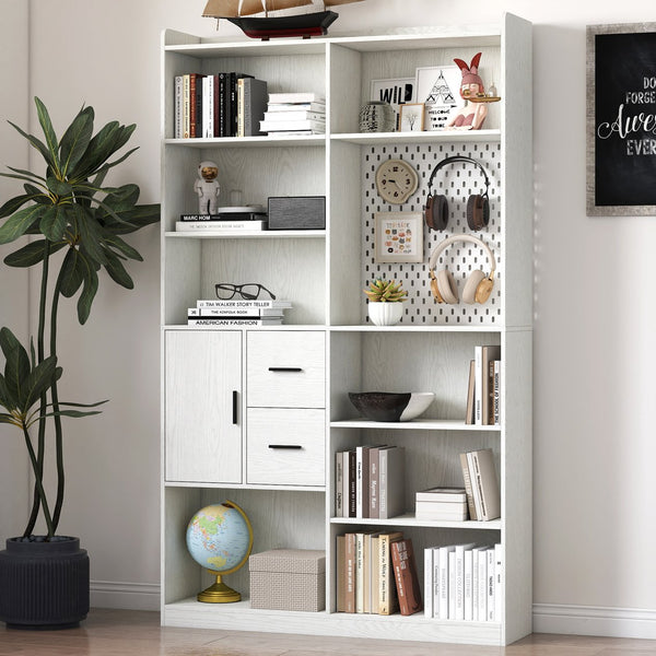 English Elm Bookshelf 79" Tall 9-Shelf White Pegboard Bookcase with 3 Deep Drawers, Modern Wide Storage Unit W331P295438