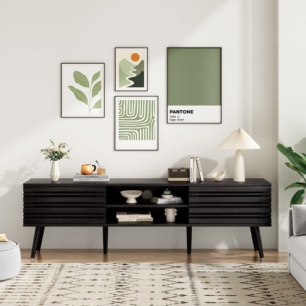 English Elm Mid Century Modern Fluted Wood Media Console with Storage Cabinets for Living Room Dark Walnut T3623P435375