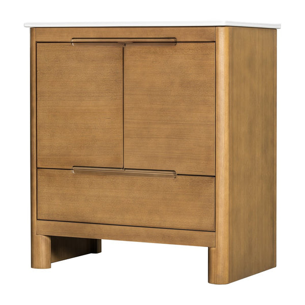 English Elm [video] 30 Inch Freestanding Bathroom Vanity Pine Legs Ceramic Sink Soft Close Storage Natural N759P412928N