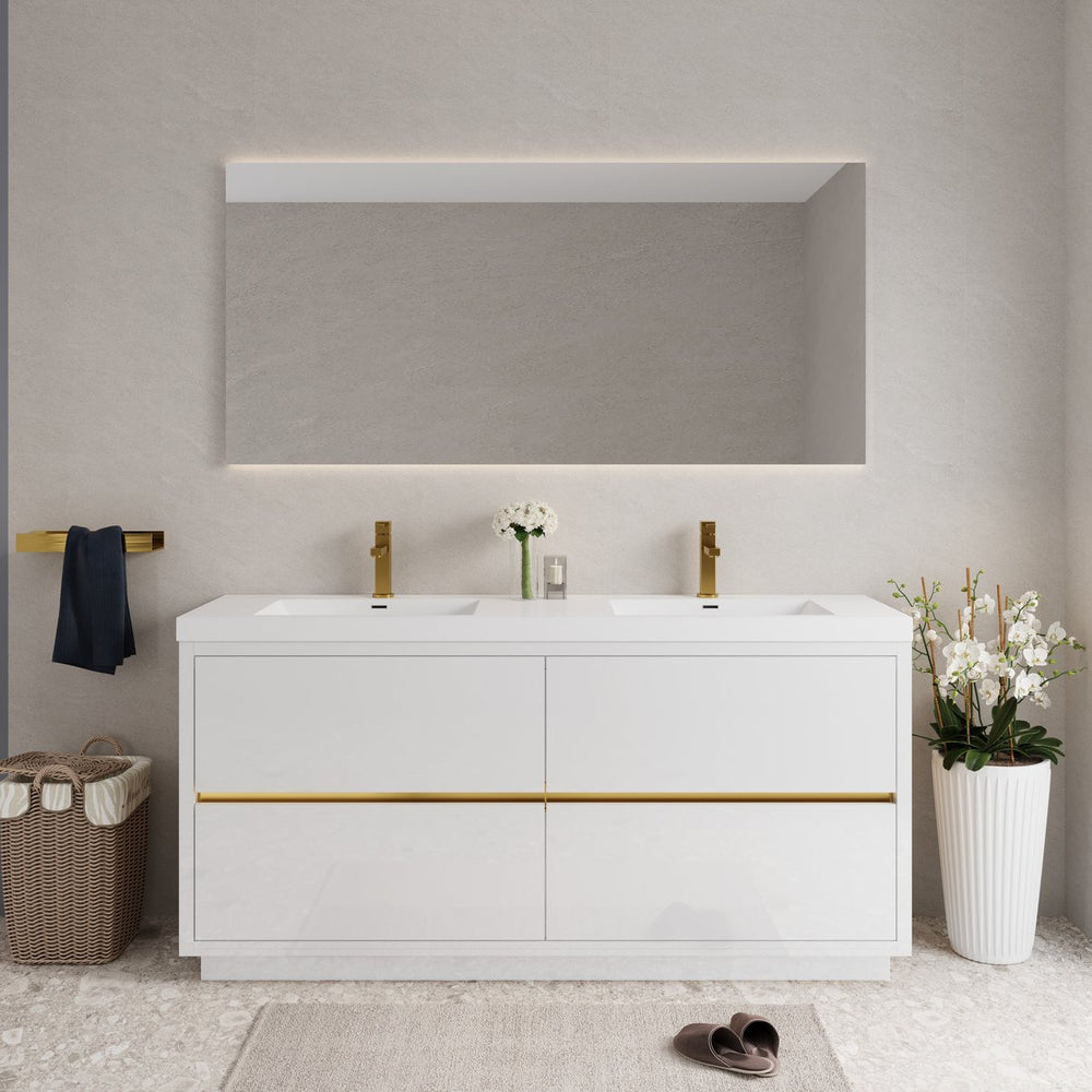 English Elm 72" Floating Double Sink Vanity Glossy White Stone Resin Top Soft Close Storage W1573P211198