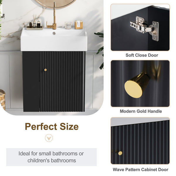 English Elm 21.6 Modern Floating Bathroom Vanity with Ceramic Basin, Wave Door, Rose Gold Handle, Space-Saving Black N729P170390B