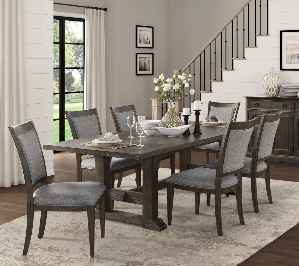 English Elm Classic Ash Veneer Extendable Dining Set with Six Upholstered Chairs Driftwood Finish B011S02467