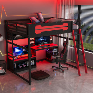 English Elm Full Size Gaming Loft Bed with Built-in Desk Led Lighting Usb Ports and Pegboard Black+Red LT000270AAR