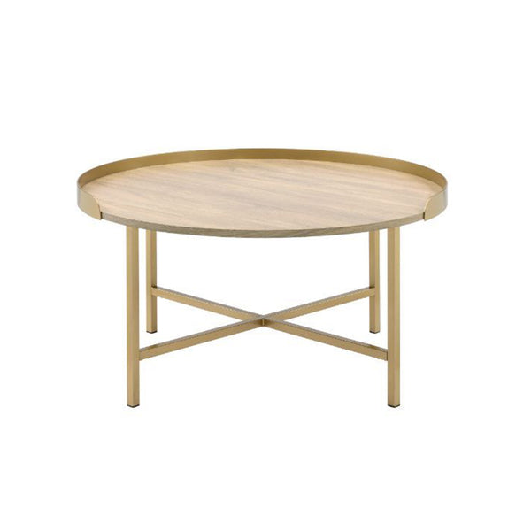 English Elm Tray Round Coffee Table with Oak Tray Top & Gold Crossbar Base — Modern Minimalist Accent for Living Rooms B016P329755