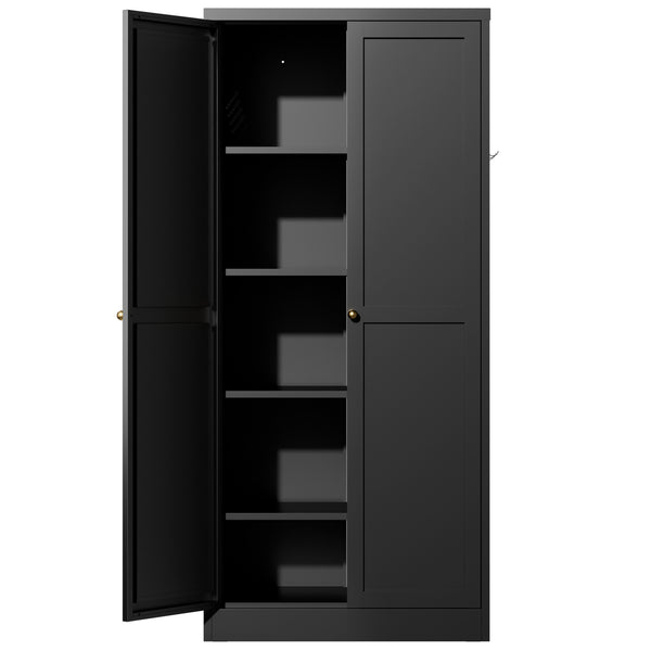 English Elm 61" Matte Black Steel Freestanding Pantry Cabinet with 4 Adjustable Shelves Modern Farmhouse T2398P465983