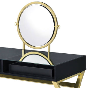English Elm Coleen Black & Gold Vanity Desk with Mirror and Jewelry Tray — Metal Frame, 2 Drawers, Chic Storage B2726P315736