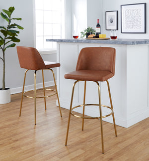 English Elm 30" Swivel Barstools Set of 2 Grey Fabric Gold Footrest Black Metal Kitchen Counter B202S00687