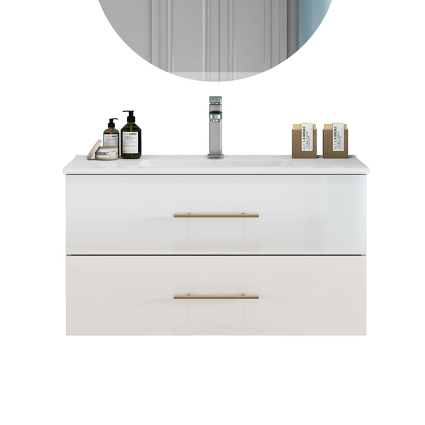 English Elm 36-Inch Modern Wall-Mounted Bathroom Vanity With Ceramic Sink, Gold Handle, Easy Installation & Storage W3151S00055