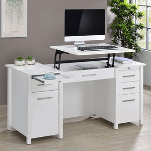 English Elm Rayna White High Gloss Lift-Top 60" Office Desk with 4 Easy-Glide Drawers & Brushed Zinc Hardware B062P351422