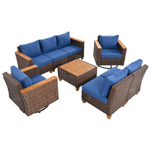 English Elm K&K 8-Piece Wicker Patio Set with 360° Swivel Rockers, Acacia Storage Table, Durable Cushions Blue+Brown N707S000016E