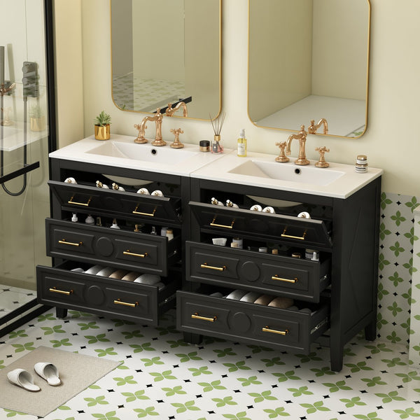 English Elm 60'' Elegant Black Bathroom Vanity Set With Ceramic Sink, 6 Drawers, Solid Wood Frame & Storage N710SS00003B