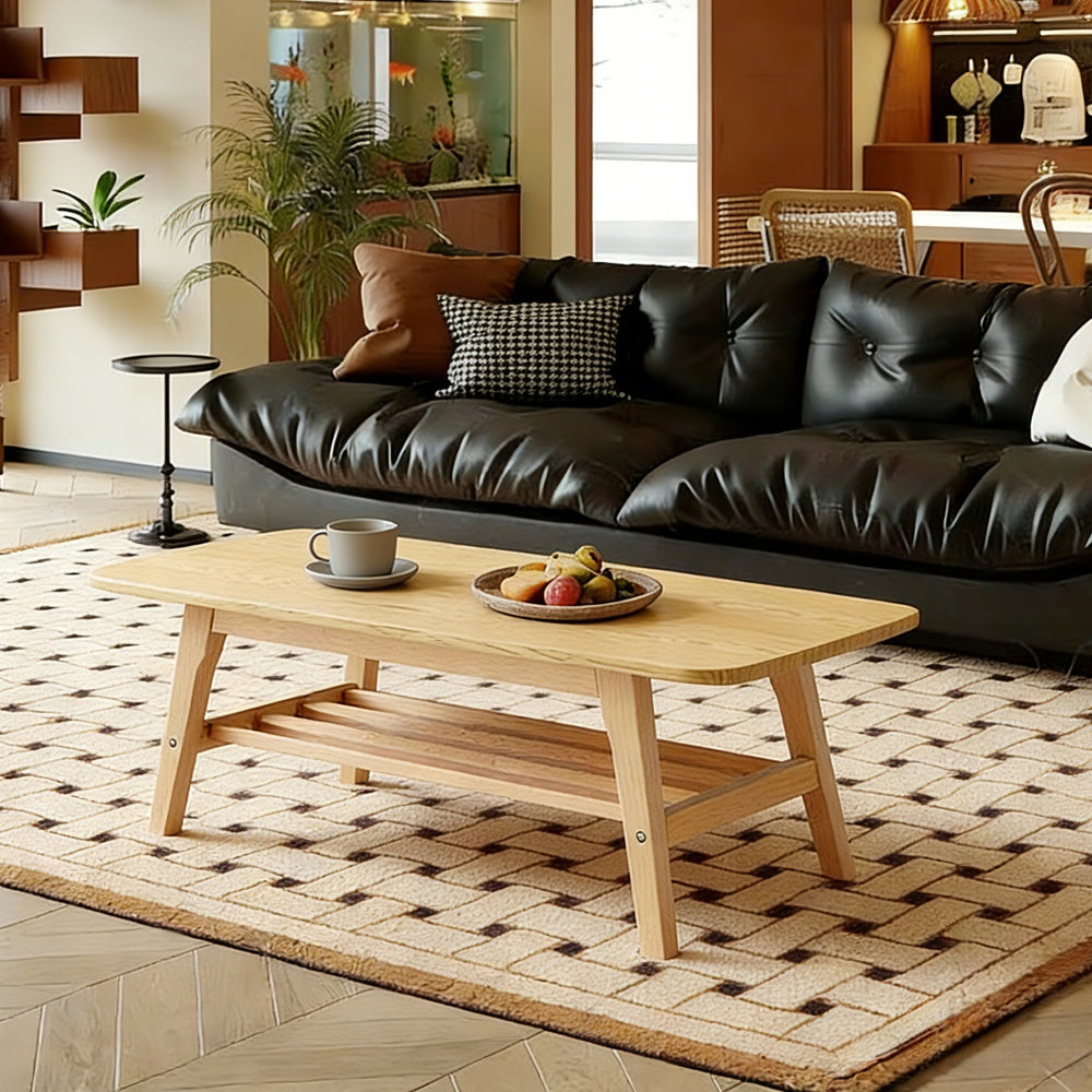 English Elm 39 Inch Solid Wood Coffee Table with Dual Open Shelves for Living Room Storage W2920P407664