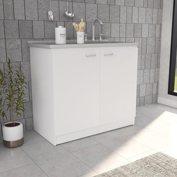 English Elm Freestanding Sink Cabinet With Double Doors, Two Shelves, Durable White Finish For Easy Organization B097S00112