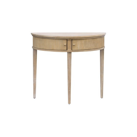 English Elm Storage Console Table Reclaimed Wheat 36" — Vintage Demilune Entry Accent w/ Fluted Doors & Bronze Knobs B035P148426
