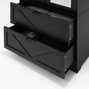 English Elm 2 Door Wardrobe Closet with Full Length Mirror Motion Light Hanging Rod and Drawers Black W409P266778