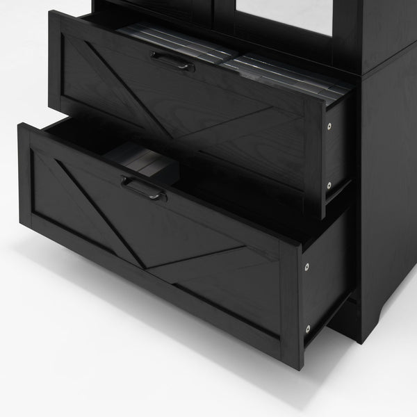 English Elm 2 Door Wardrobe Closet with Full Length Mirror Motion Light Hanging Rod and Drawers Black W409P266778