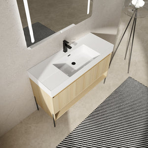 English Elm 48" Oak Bathroom Vanity Combo with One-Piece Resin Sink, Tripod Legs, Multi-Layer Solid Wood Cabinet W1972S00010