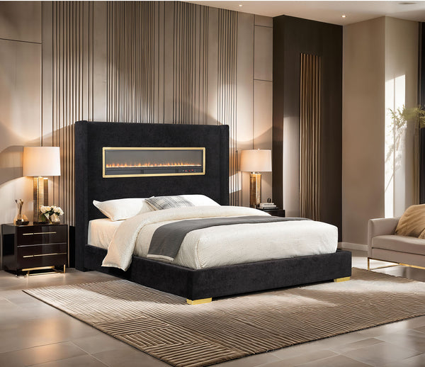 English Elm Contemporary Upholstered Platform Bed with Fireplace Simulator and Bluetooth Audio Black,Multi B2741P439940
